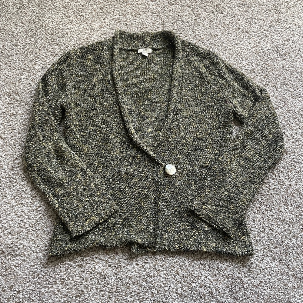 J.Jill One Button Cardigan‎ Speckled Green Deep V-Neck Size Small
